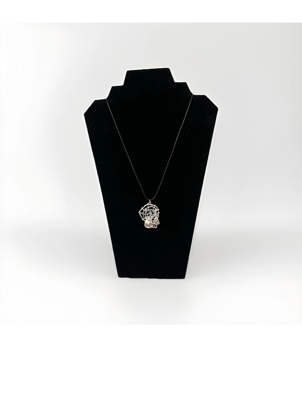 Silver Tone Witch Cauldron Spider Web Pendant Necklace Goth Punk Halloween
